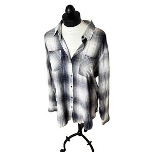 NWT Lucky‎ Brand Gray White Plaid Boyfriend Button Up Collared Top Shirt Size M